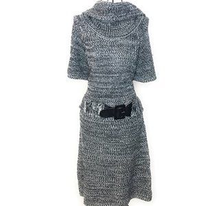 Tiana B Women Medium Gray Knitted Short Sleeve Belted Sweater Dress